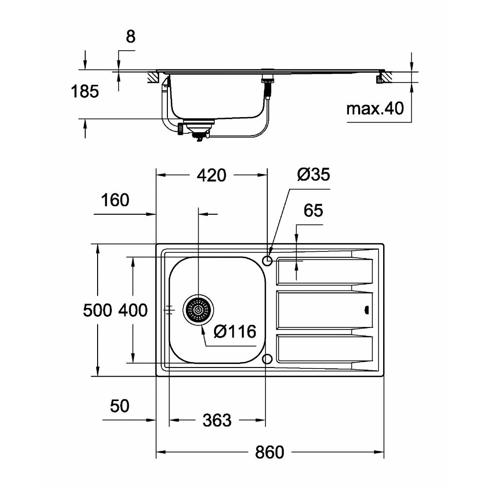 Мойка для кухни Grohe K400 45-S 86/50 31566SD0 прямоуг. 86х50 глуб. 18,5см (толщ.0,8мм) вып. 3 1/2" (врезная) крыло универсал хром фото №2