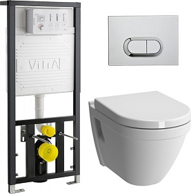 Унитаз Vitra S50 безободковый смыв с инсталляцией S50 (комплект) сид.дюр. микролифт, кнопка хром 9003B003-7201