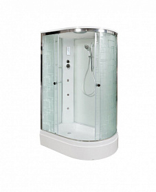 Душевая кабина 120х80х220 Deto EM2712LGM+EL асимметричная (левая) прозр. дверки с узором хром проф. задн.стенки бел.стекло верхн.душ, гм вертик.