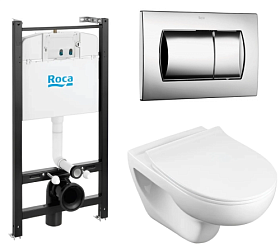 Унитаз Roca Victoria Rimless безободковый смыв с инсталляцией Active (комплект) сид.дюр. микролифт кнопка 62B хром глянец 893105010+62B