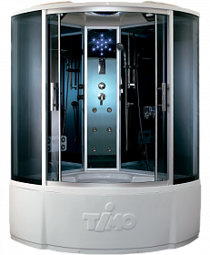 Душевая кабина 150х150х220 Timo Standart T-1155 угловая (четверть круга) тёмн.тонир.дверки мат.хром проф. задн.стенки черное стекло верхн.душ, гм вер