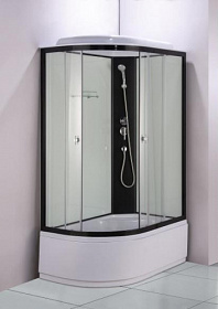 Душевая кабина 120х80х215 Водный Мир ВМ-857-R асимметричная (правая) прозр.дверки черный проф. задн.стенки бел.стекло верхн.душ Водяной