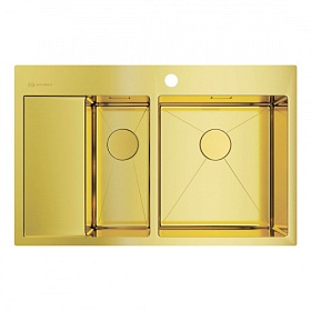 Мойка для кухни Omoikiri Akisame 78-2-LG-R 4973088 прямоуг. 78х51 глуб. 20см (толщ.1,2мм) вып. 3 1/2" (врезная) крыло слева PVD светлое золото