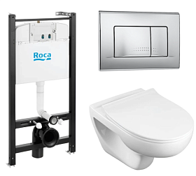 Унитаз Roca Victoria Rimless безободковый смыв с инсталляцией Active (комплект) сид.дюр. микролифт кнопка 32B хром глянец 893105010+32B
