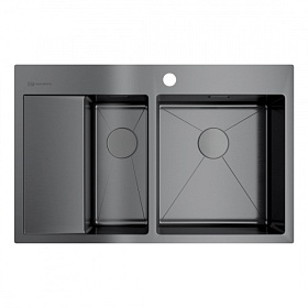 Мойка для кухни Omoikiri Akisame 78-2-GM-R 4973102 прямоуг. 78х51 глуб. 20см (толщ.1,2мм) вып. 3 1/2" (врезная) крыло слева PVD вороненая сталь
