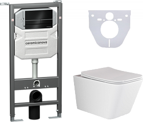 Унитаз Ceramica Nova Metric безободковый смыв с инсталляцией Envision (комплект) сид.дюр. микролифт, кнопка Flat чёрная CN3007_1002B_1000 Водяной