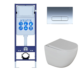 Унитаз Azario Trevi безободковый смыв Торнадо с инсталляцией Aquatek Standart (комплект) сид.дюр. микролифт кнопка хром Set AZ-0093UQ3+16(INS-17)+KKI Водяной