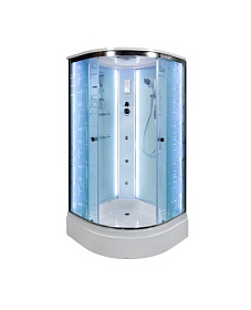 Душевая кабина 100х100х220 Avacan EM2710LED+GM угловая (четверть круга) прозр. дверки с узором хром проф. задн.стенки бел.стекло верхн.душ, гм верти