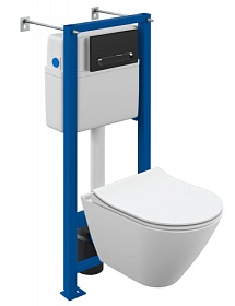 Унитаз Cersanit City Smart CO DPL EO slim безободковый смыв с инсталляцией Vector (комплект) сид.дюр. ультратон. микролифт, кнопка Estetica чёрная 6 Водяной