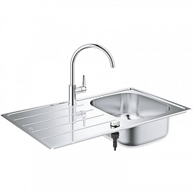 Мойка для кухни со смесителем (комплект) Grohe K200 45-S 86/50 31562SD1 прямоуг. 86х50 глуб. 16см (толщ.0,8мм) вып. 3 1/2" (врезная) крыло универсал