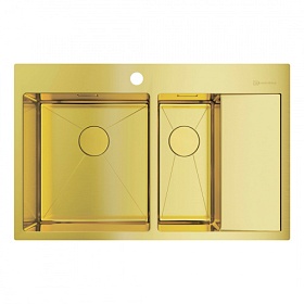 Мойка для кухни Omoikiri Akisame 78-2-LG-L 4973087 прямоуг. 78х51 глуб. 20см (толщ.1,2мм) вып. 3 1/2" (врезная) крыло справа PVD светлое золото