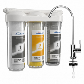 Фильтр под кран питьевой воды 3-х ступ. Аквабрайт АБФ-ТРИА Умягчение см./элем. ПП-5М-С-10-УГП-10 умягчающий (для жёсткой воды) АБФ-ТРИА-Умягчение