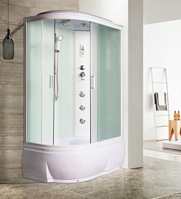 Душевая кабина 120х80х215 Водный Мир Comfort ВМ-8602-R-Comf асимметричная (правая) мат.дверки белый проф. задн.стенки бел.стекло верхн.душ, гм вертик